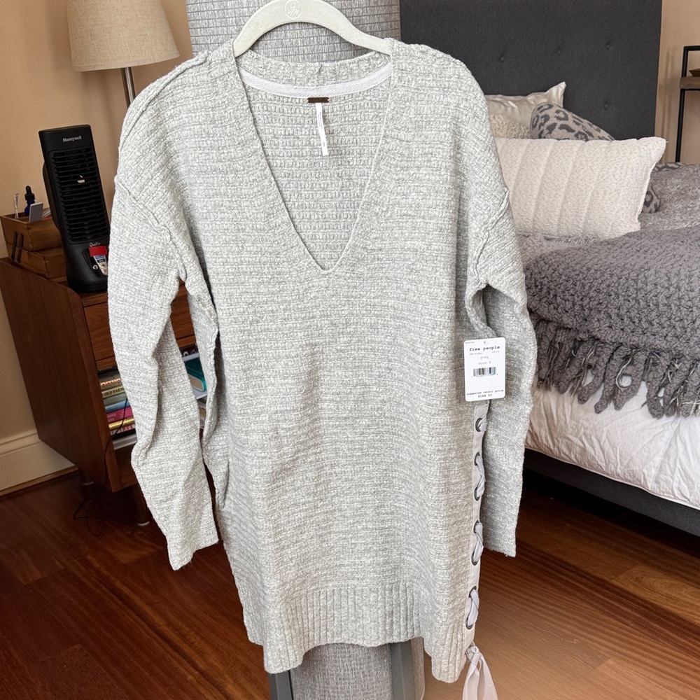 Free People Light Gray V-Neck Sweater